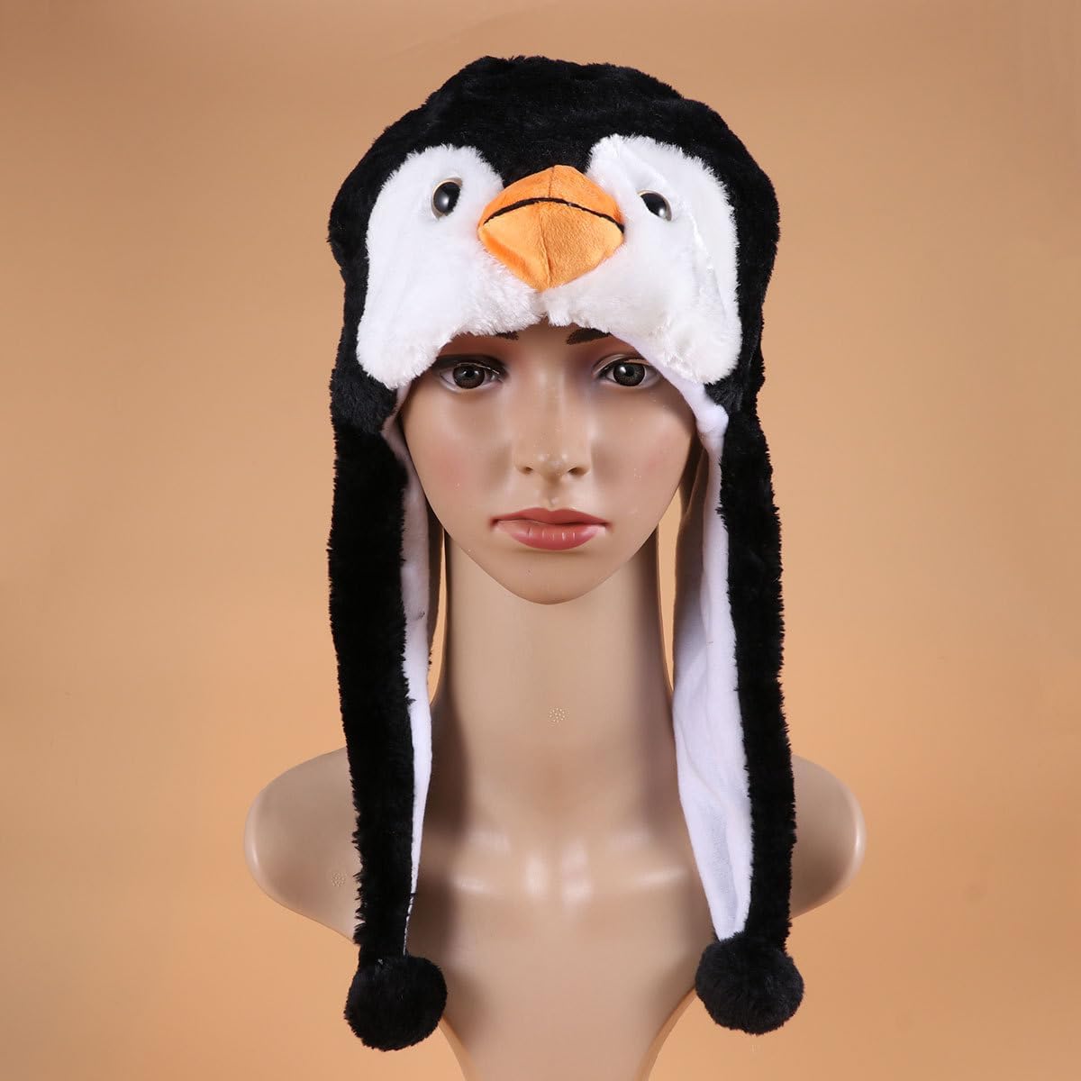 3pcs Plush Fun Animal Hats with Ear Flaps penguin Warm Hats - Cozy Winter Black White Novelty Party Cap for Kids Girls Boys - Soft Fleece Cute Cap for Women Cosplay Party - Image 5