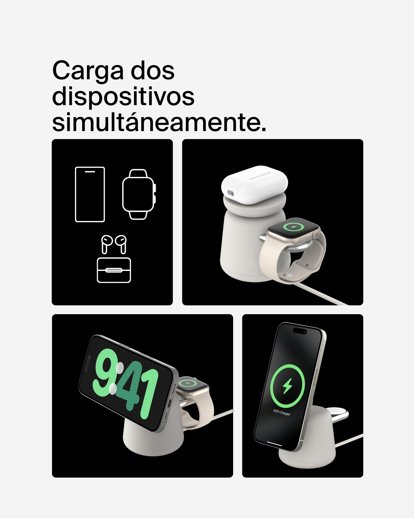 Belkin BoostCharge Pro Cargador Inalámbrico 2 en 1 con Qi2 de 15 W, Estación de Carga con MagSafe para iPhone Series 17, iPhone Air, 16, Apple Watch, AirPods y Otros, Fuente de alimentación - Beis