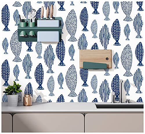 Haokhome 96040-1 Peel And Stick Wallpaper Abstract Underwater World Fish Trellis Indigo Blue Removable Contactpaper For Home Bathroom Decorations 17.7In X 118In #TOP1