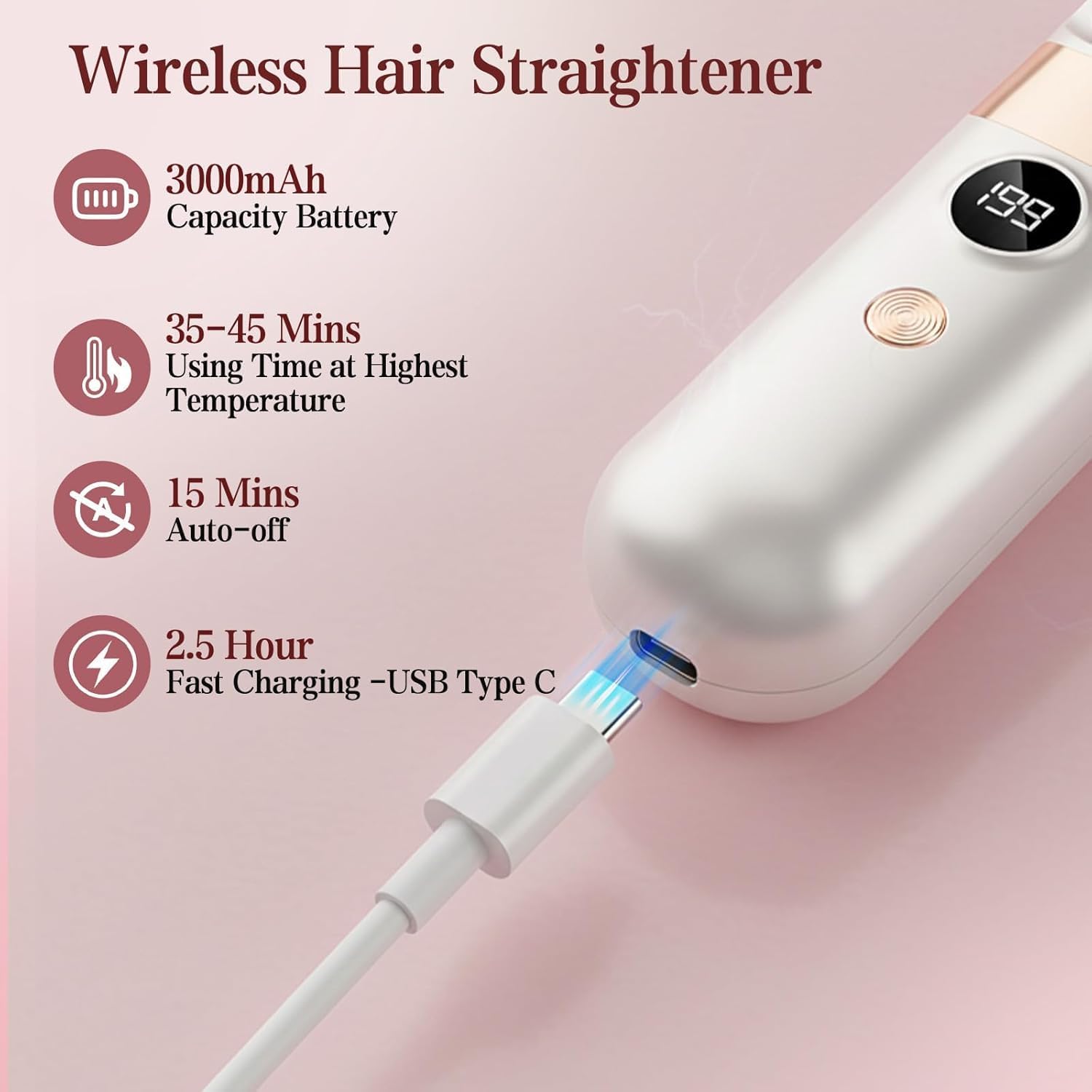 Go Brush Pro Cordless Hair Straightener Brush - Portable Rechargeable Ceramic Styling Brush with 4 Adjustable Heat Modes & LED Display, Perfect for Travel & Everyday Use (Cream White)