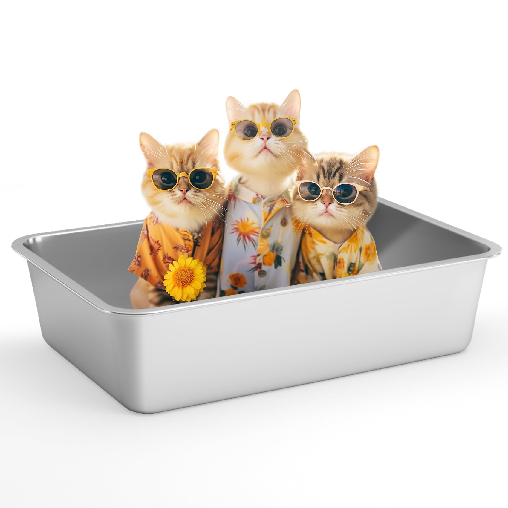 Large Stainless Steel Cat Litter Box with High Side, Metal Litter Box for Cats Rabbits, Never Absorbs Odors,Stain Free, Rustproof, 20" L x 14" W x 8" H