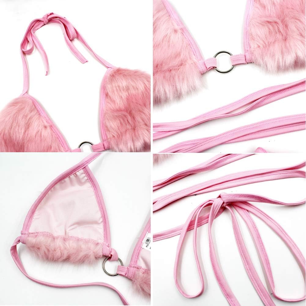 Women Rave Fluffy Fur Triangle Bra Crop Top Sexy Strappy Halter Bandage Camisole for Dance Festival Clubwear - Image 7