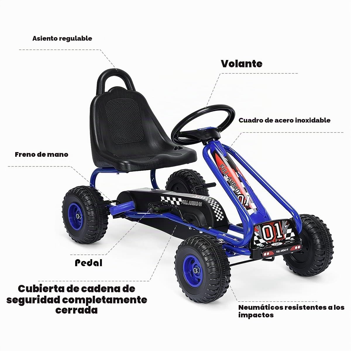 FANTASK Gokart - Coche a Pedales a Partir de 3 años con Asiento Ajustable y Freno de Mano, Go Cart soporta hasta 30 kg, vehículo Infantil (Azul)