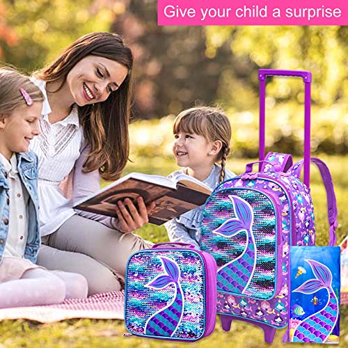 Agsdon 3Pcs Rolling Backpack For Girls, Kids Roller Wheels Bookbag, Wheeled School Bag With Lunch Bag - Mermaid #TOP2