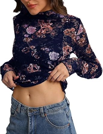 IWOLLENCE Womens Sexy Lace Long Sleeve Mock Neck Tops Trendy Floral See Through Blouse Western Sheer Mesh Shirts
