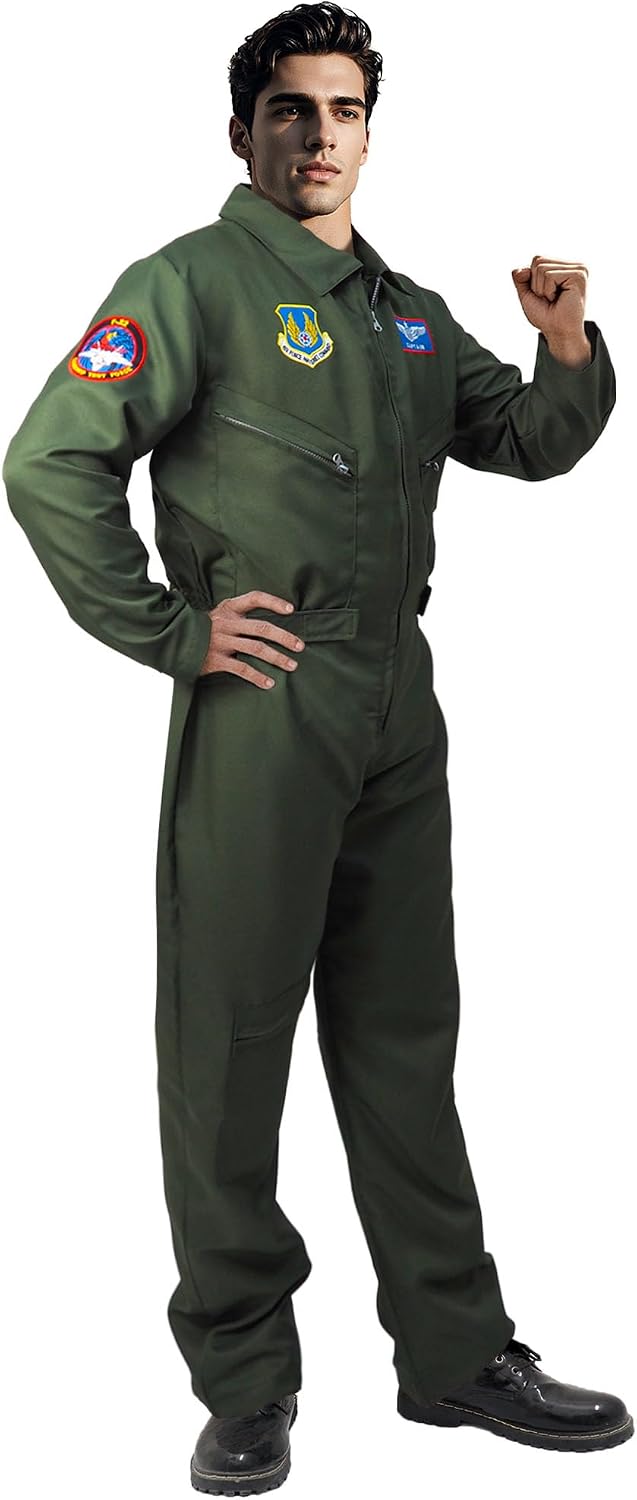 Fighter Pilot Flight Suit Costume - Air Force Jumpsuit Army Military Cosplay for Adults