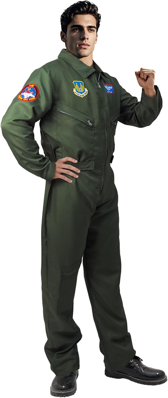 Fighter Pilot Flight Suit Costume - Air Force Jumpsuit Army Military Cosplay for Adults