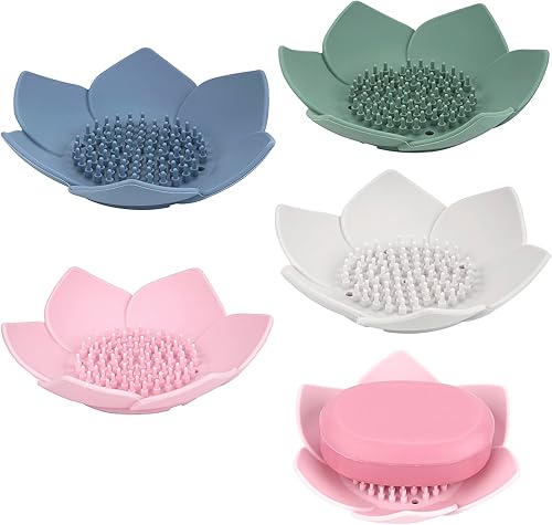Linkidea Paquete de 4 jaboneras con drenaje, soporte de jabón de barra de silicona para baño, bandeja de jabón en forma de flor para fregadero de