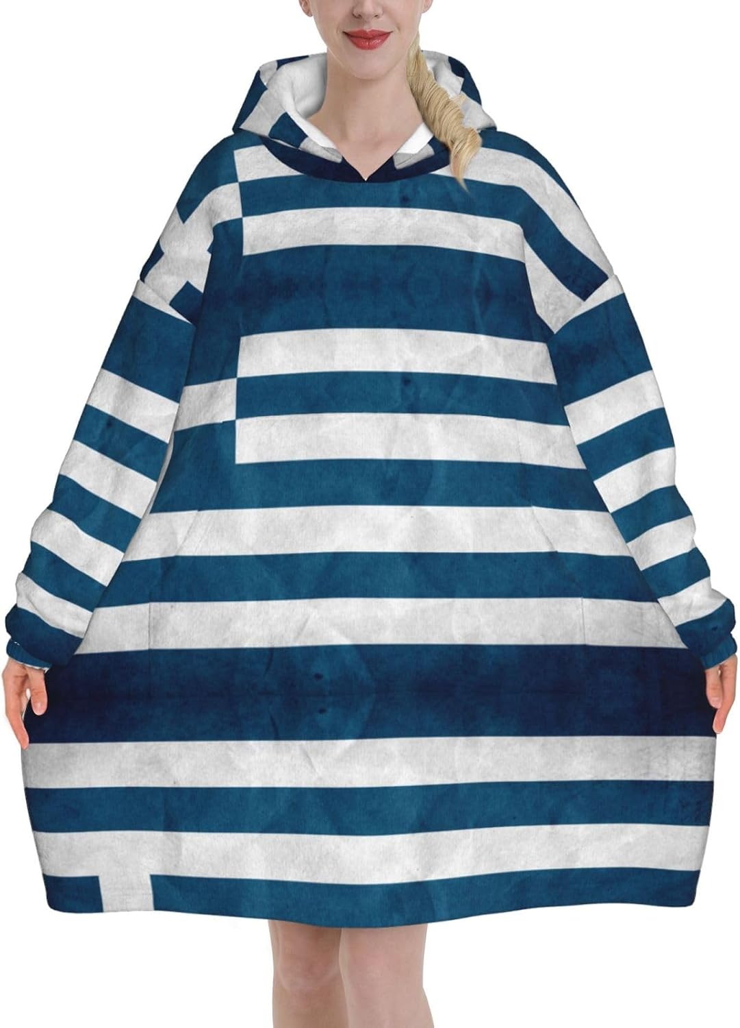 MUSM Greek Flag Print Blanket Hoodie Fleece Sweatshirt Blanket With Sleeves And Pockets