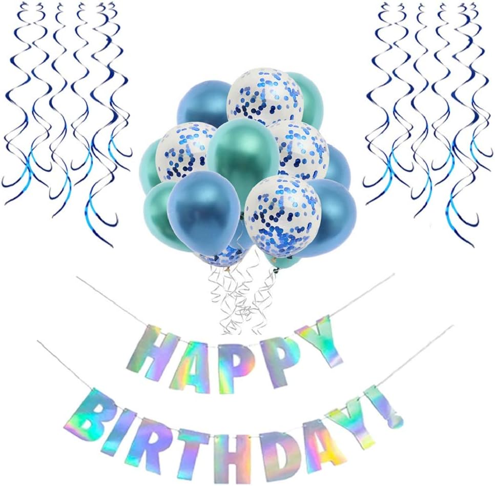 Blue Birthday Decorations,Birthday Party Supplies Kit for Boy and Girl,Happy Birthday Banner,Confetti Balloons,Hanging Swirls,16th 18th 21st 30th Birthday Decoration,Balloons in Blue and Green.