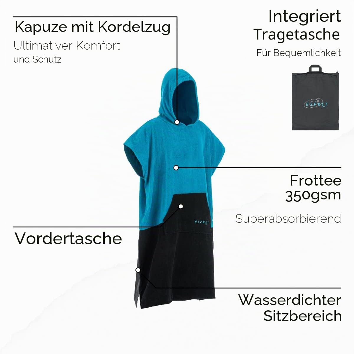 Osprey Kinder-Poncho-Handtuch mit Kapuze, Strand-Wickelmantel für Jungen und Mädchen im Alter von 6–12 Jahren, Surfen, Schwimmen, Paddelboarding, Poncho mit wasserdichtem Sitzschutz und verstaubarem