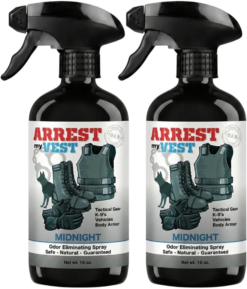 Arrest My Vest Military and Police Grade Odor Eliminating Spray for Body Armor Odor, Tactical Gear. Safe on K9's. Safe on All Ballistic Vests and Fabrics - Midnight Fragrance - 2 16 oz Bottles
