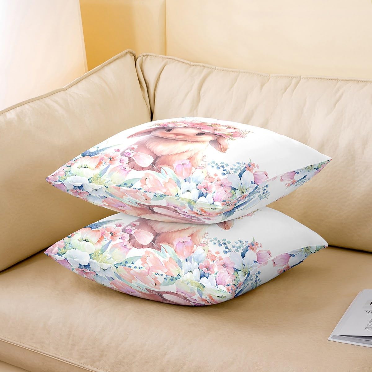 Feelyou Cute Rabbit Throw Pillow Covers 24"x24" Set of 2 Cartoon Bunny Animal Decorative Pillowcase for Sofa Bed Chair Flower Floral Print Cushion Cover Farm Zoo Garden Theme Outdoor Pillows Covers