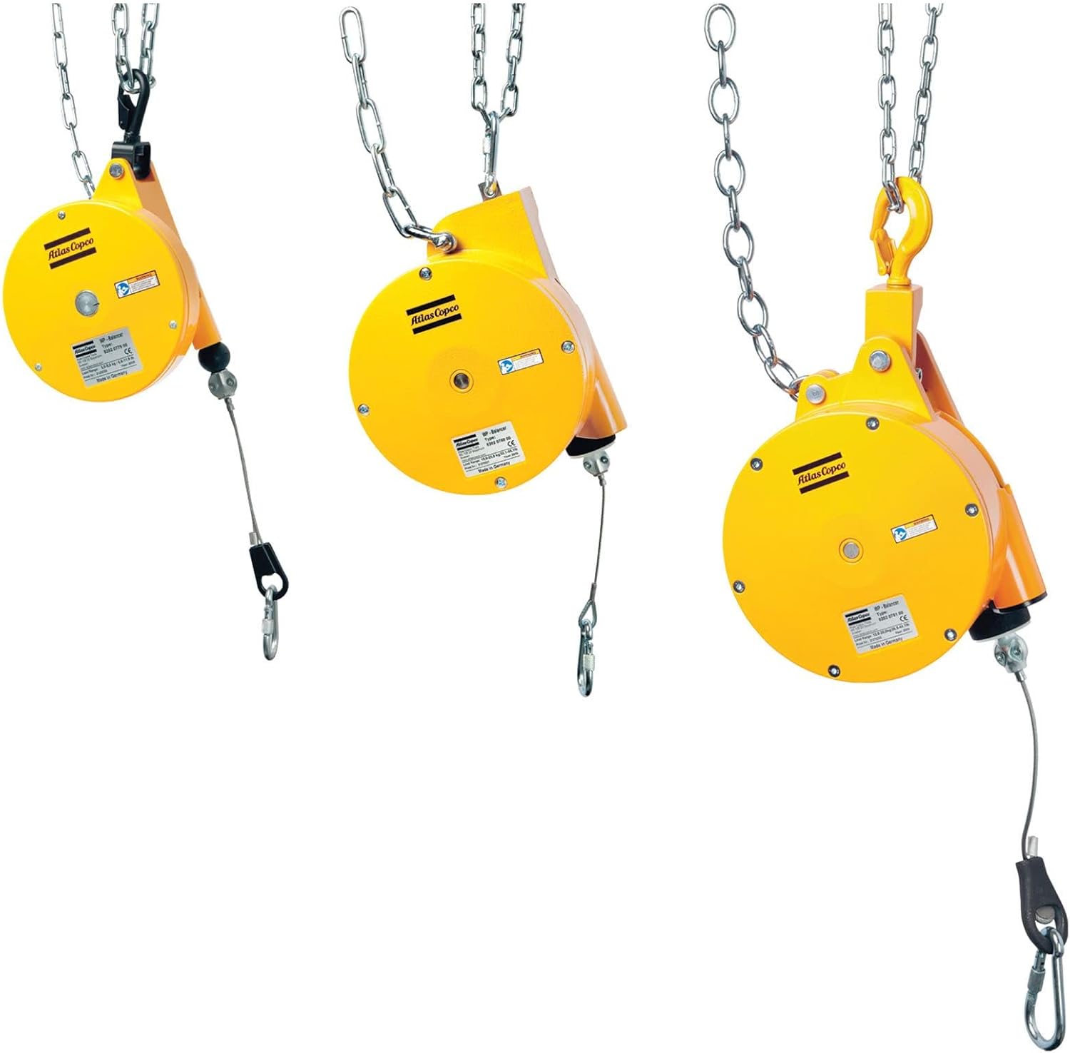 Atlas Copco Weightless Positioning Tool Balancer. 6.5 Ft Cable. 11.5-14.3 Lb Capacity. Plastic Housing, Steel Cable w/Stop Buffer, Swiveling Safety Hook & Safety Chain (WP-05-6)