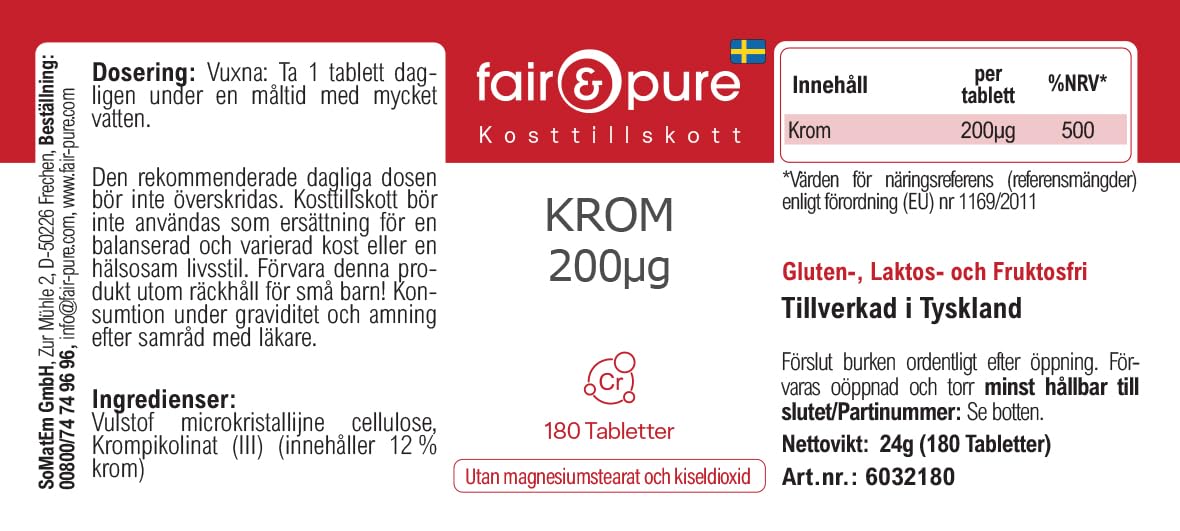 Tabletki chromu Fair & Pure 200 μg, 180 tabletek, wegański suplement diety bez dodatków, wyprodukowano w Niemczech