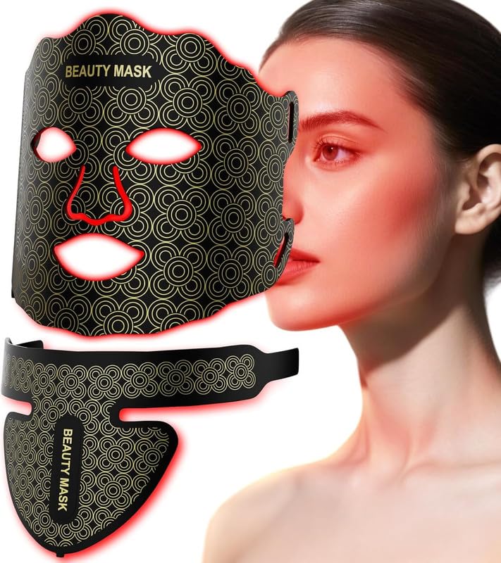 LED Maske Gesicht, Rotlicht Maske Gesicht und Hals mit 7-Farben, LED Gesichtsmaske mit 3 Helligkeitsstufen und Timer, Red Light Face Mask Geschenk für Frauen Alle Hauttypen