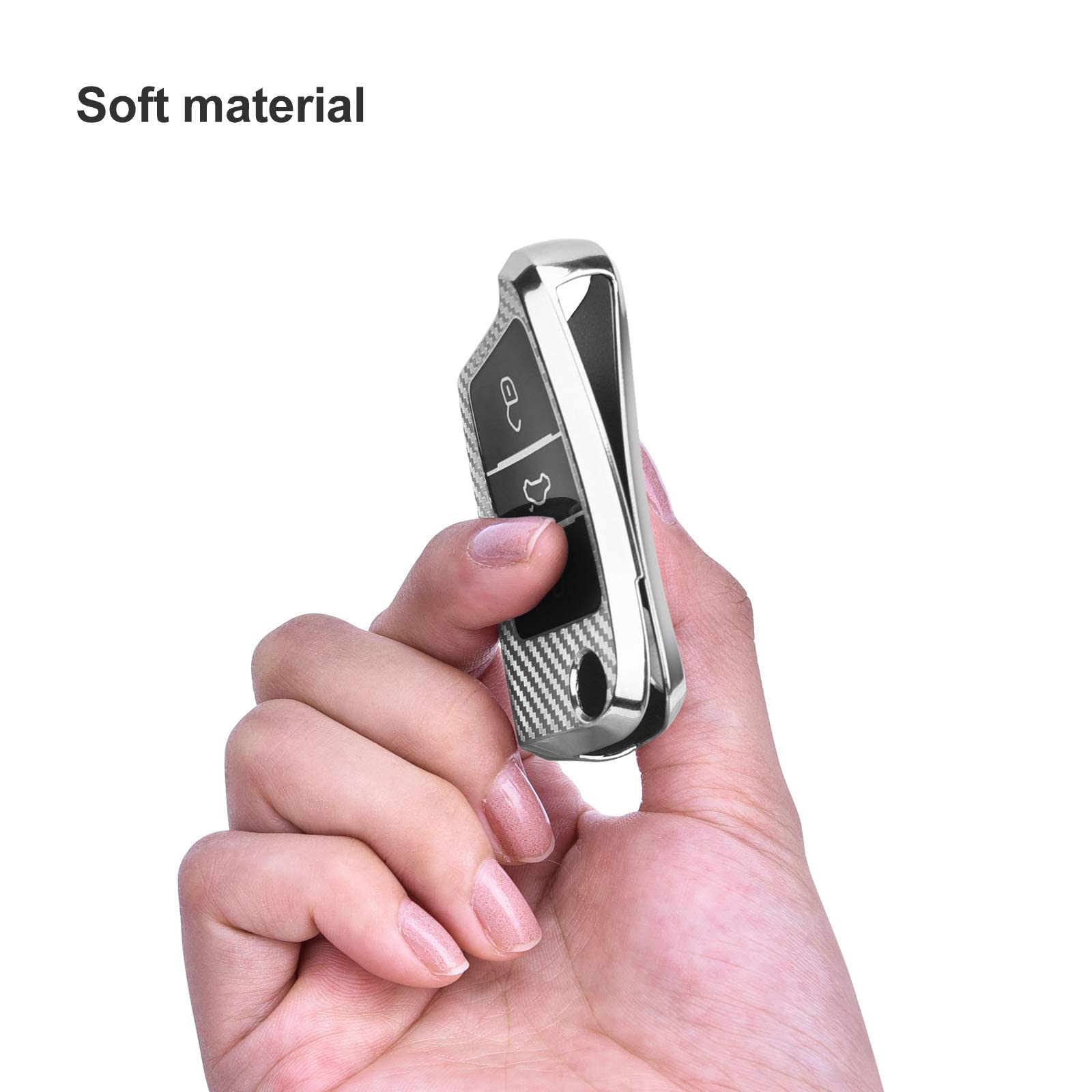 OATSBASF Car Key Cover Compatible with VW,Car Key Case for VW Golf 7 Polo Skoda Seat TPU Silicone 3 Buttons Box (Silver-Stripe) — view 3