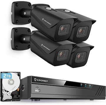 Amcrest 4K Security Camera System w/ 4K 8CH PoE NVR, 4 x 8-Megapixel IP67 Weatherproof Metal Bullet POE IP Cameras, 2.8mm Lens, Pre-Installed 2TB Hard Drive, NV4108E-IP8M-2496EB4-2TB Black