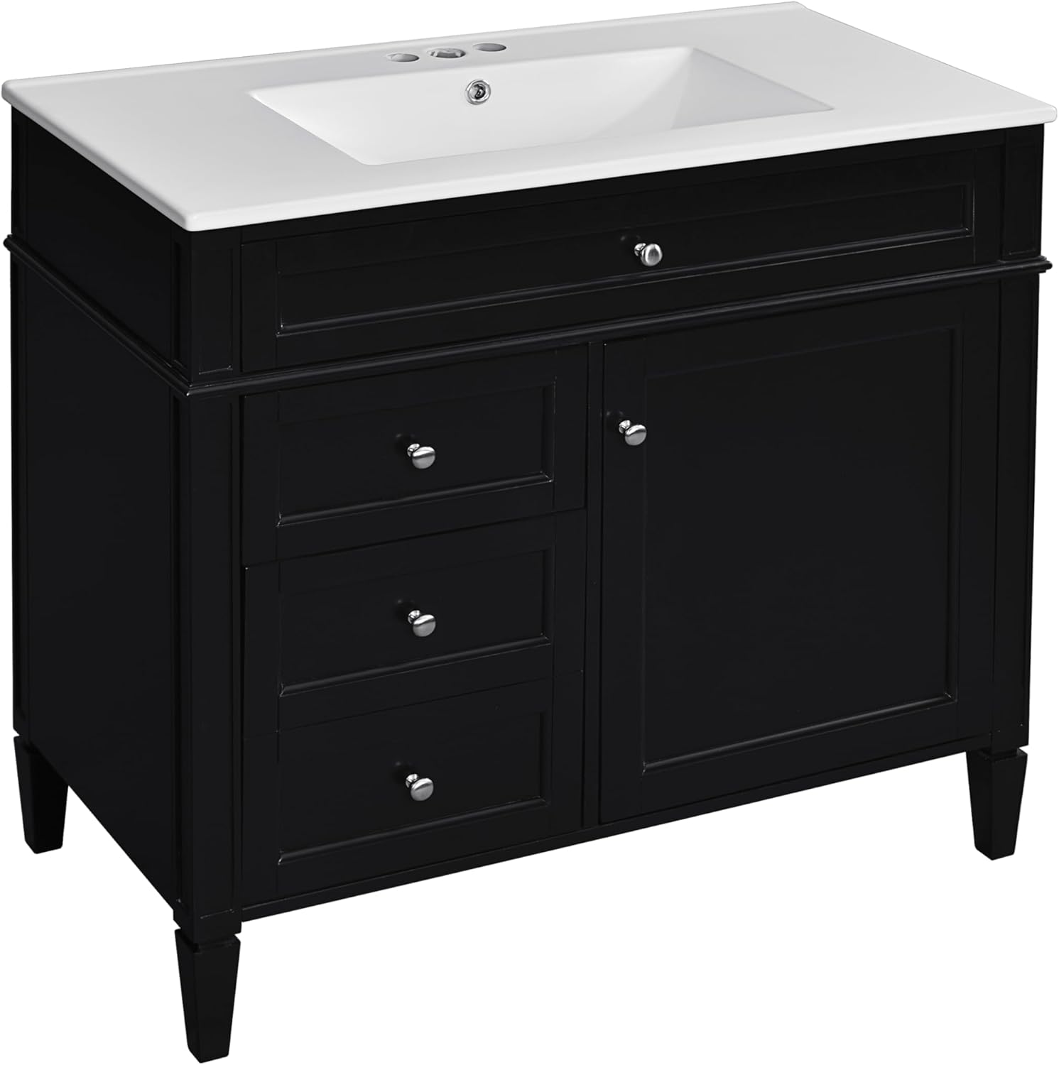 36.6" Bathroom Vanity with Top Sink, Freestanding Bathroom Sink Cabinet with 2 Drawers and a Tip-Out Drawer, Solid Wood Frame Bathroom Storage Cabinet, Modern Style - Black