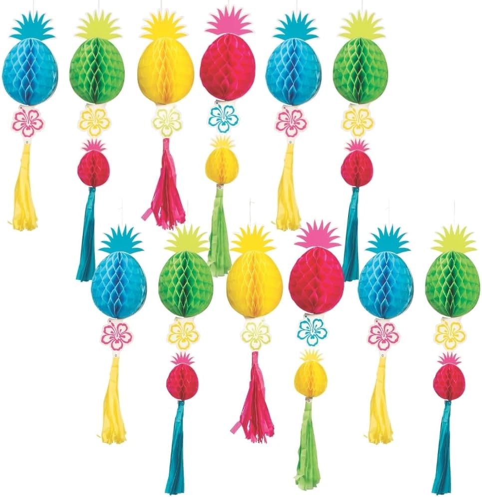 Fun Express Luau Honeycomb Ceiling Decorations - 12 Pieces, 29.5” to 35.75” - Vibrant Party Decor for Tropical Themed Events and Celebrations