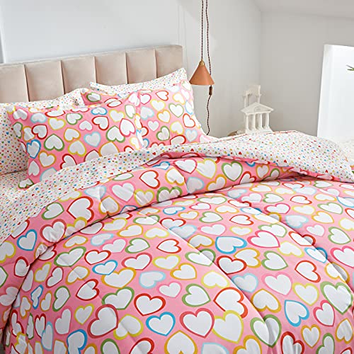 Uozzi Bedding Kids Bed In A Bag Colorful Hearts Valentines Day Twin 6 Pieces -(1 Soft Microfiber, Reversible Comforter, 2 Pillow Shams, 1 Flat Sheet, 1 Fitted Sheet, 1 Pillowcases) #TOP3