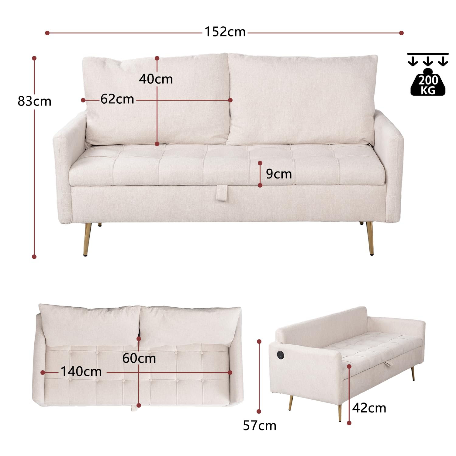 MEUBLE COSY Divano Imbottito 2 Posti in Tessuto con Porte USB e Vano Contenitore, Gambe in Metallo, Design Moderno per Soggiorno Camera da Letto e Appartamento, Beige