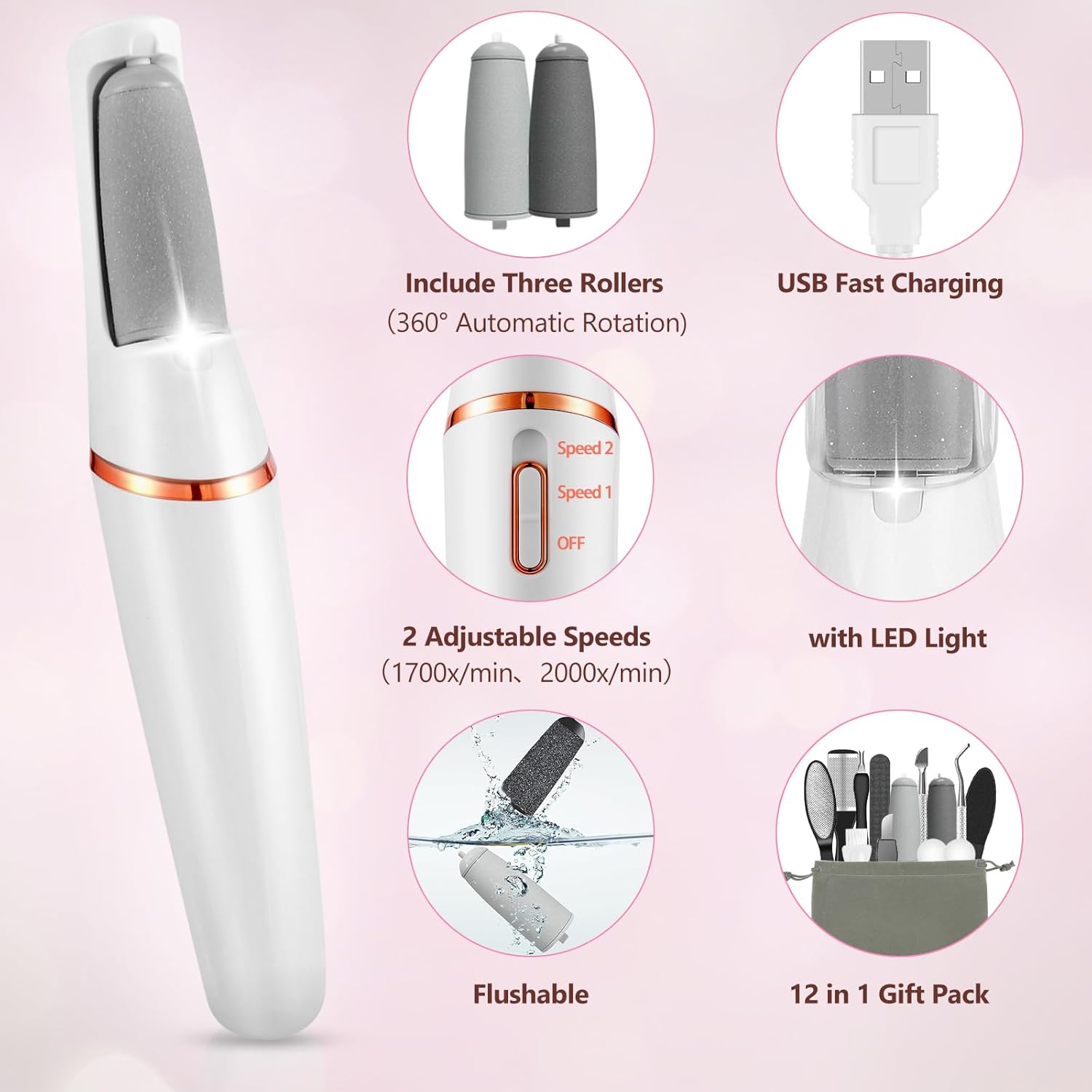 Electric Callus Removers for Feet, Haootadiy Electric Foot Callus Remover Pedicure Kits Rechargeable with12 in 1, Removes Dry Skin for Smoother Feet, Foot Care for Dead Skin Ideal Gift (White)
