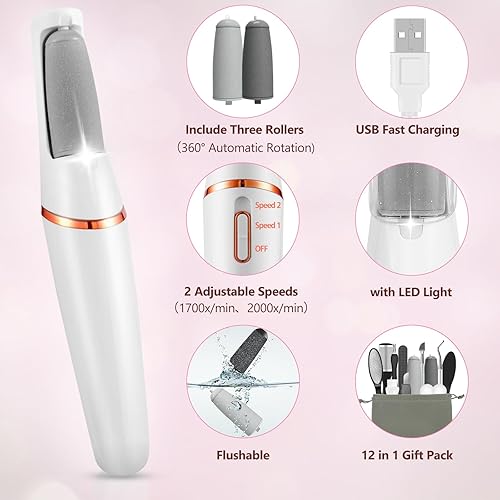 Miniatura 3 de Eliminadores eléctricos de callos para pies, kits de pedicura para eliminar callos de pies eléctricos recargables con 12 en 1, elimina la piel seca