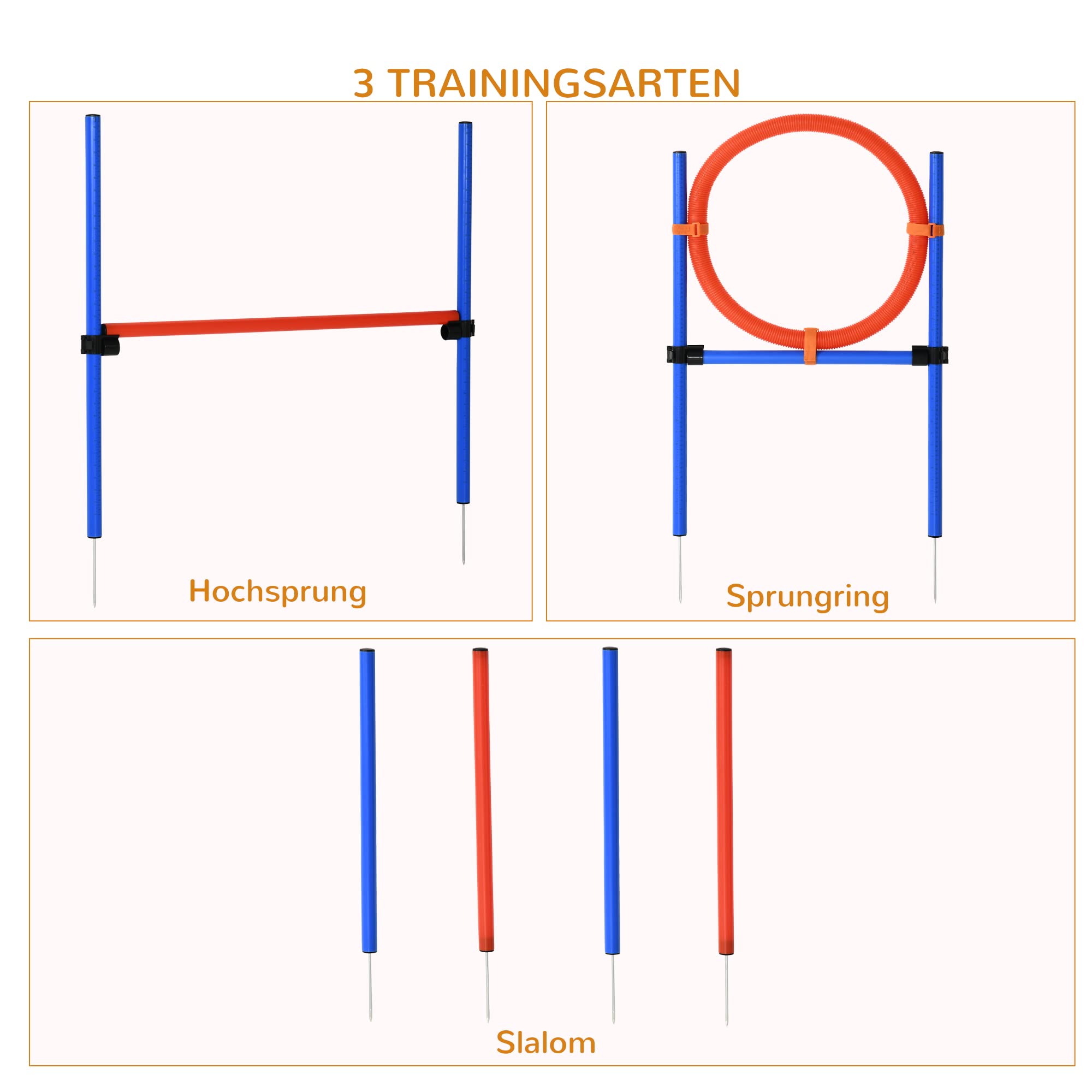 PawHut Agility-Übungs-Set Slalom-Hürden-Sprungring 3 in 1 Hundesport Trainingsplatz PE Blau+Rot