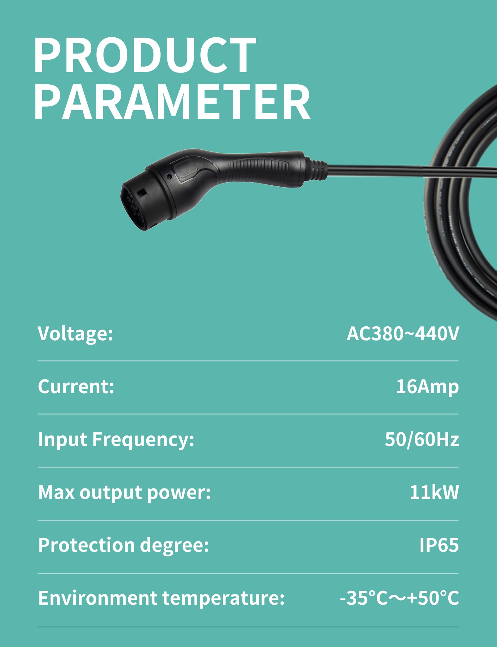11 kW 380-440V trójfazowa ładowarka EV, typ 2, 6–16 A, kabel 10 m, WiFi i Bluetooth, IP65, odpowiednia do wszystkich pojazdów elektrycznych