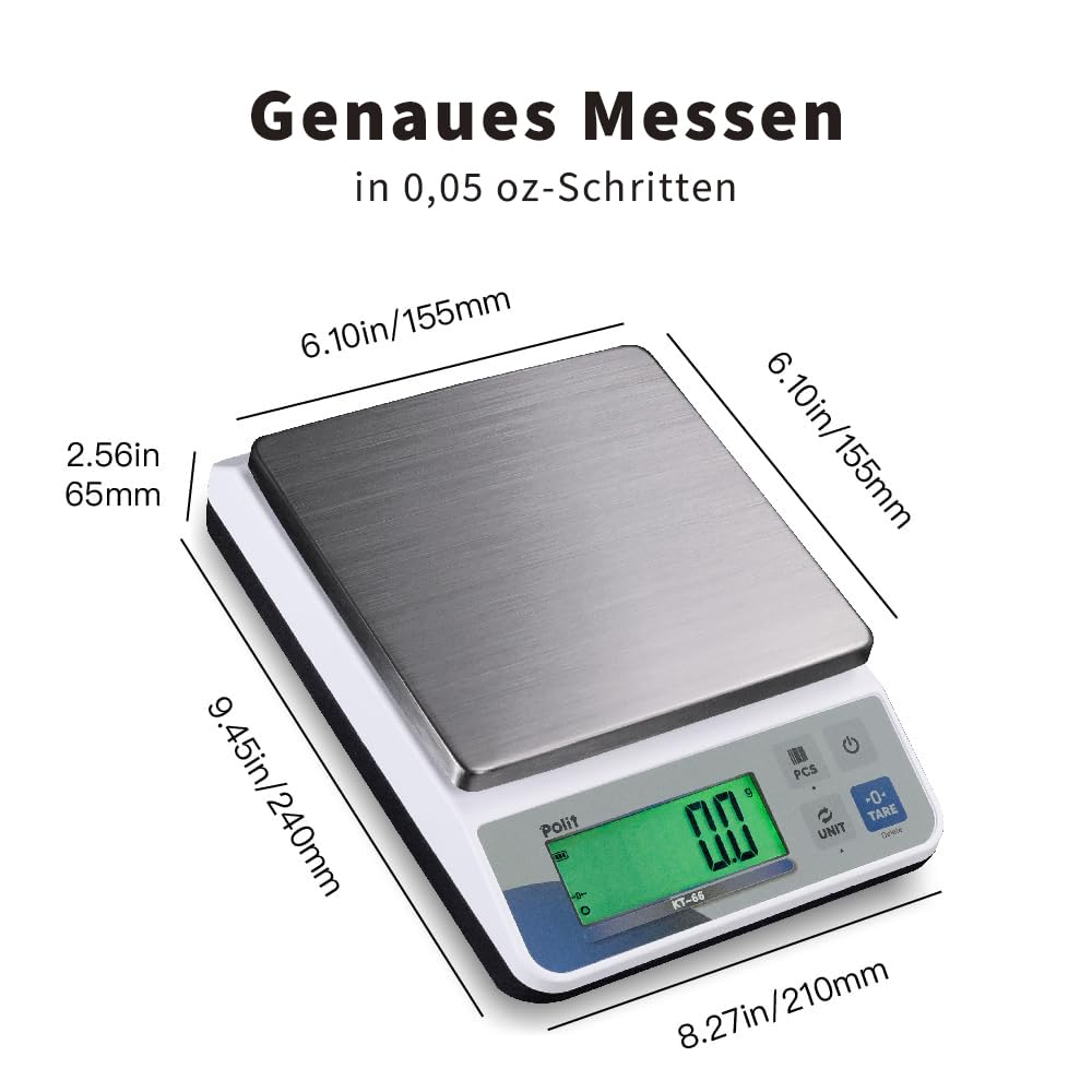 Polit Digitale Küchenwaage 13 kg, 1 g Präzision, Zählmodus, Edelstahlschale | Abnehmbare Wiegeschale, Duale Stromversorgung, LCD-Anzeige, Abschaltautomatik, Für Backen, Ernte & Versand