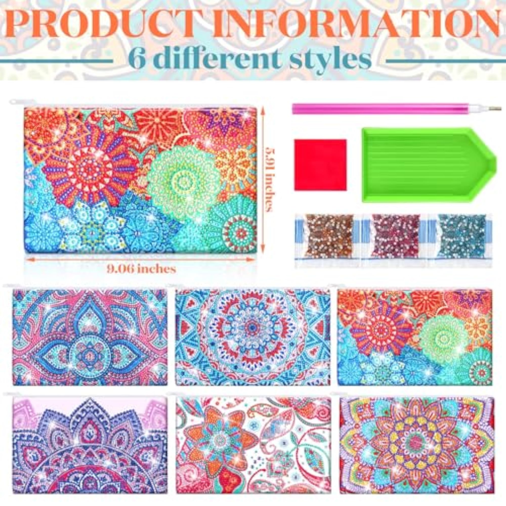 6 Pcs Mandala Diamond Painting Makeup Bags Set