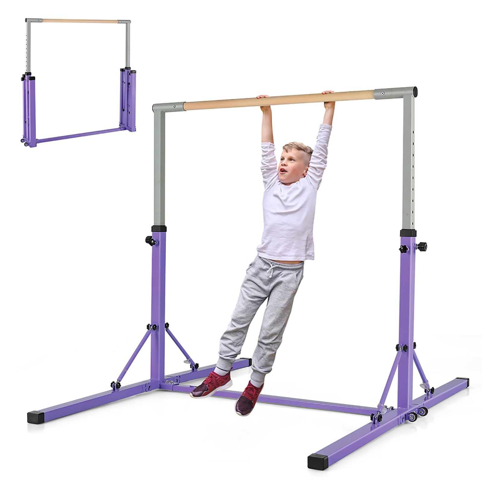 KOMFOTTEU Barra da ginnastica per bambini, barra orizzontale con altezza regolabile a 13 livelli, barra da allenamento in metallo e legno, attrezzatura da palestra con carico di 100 kg