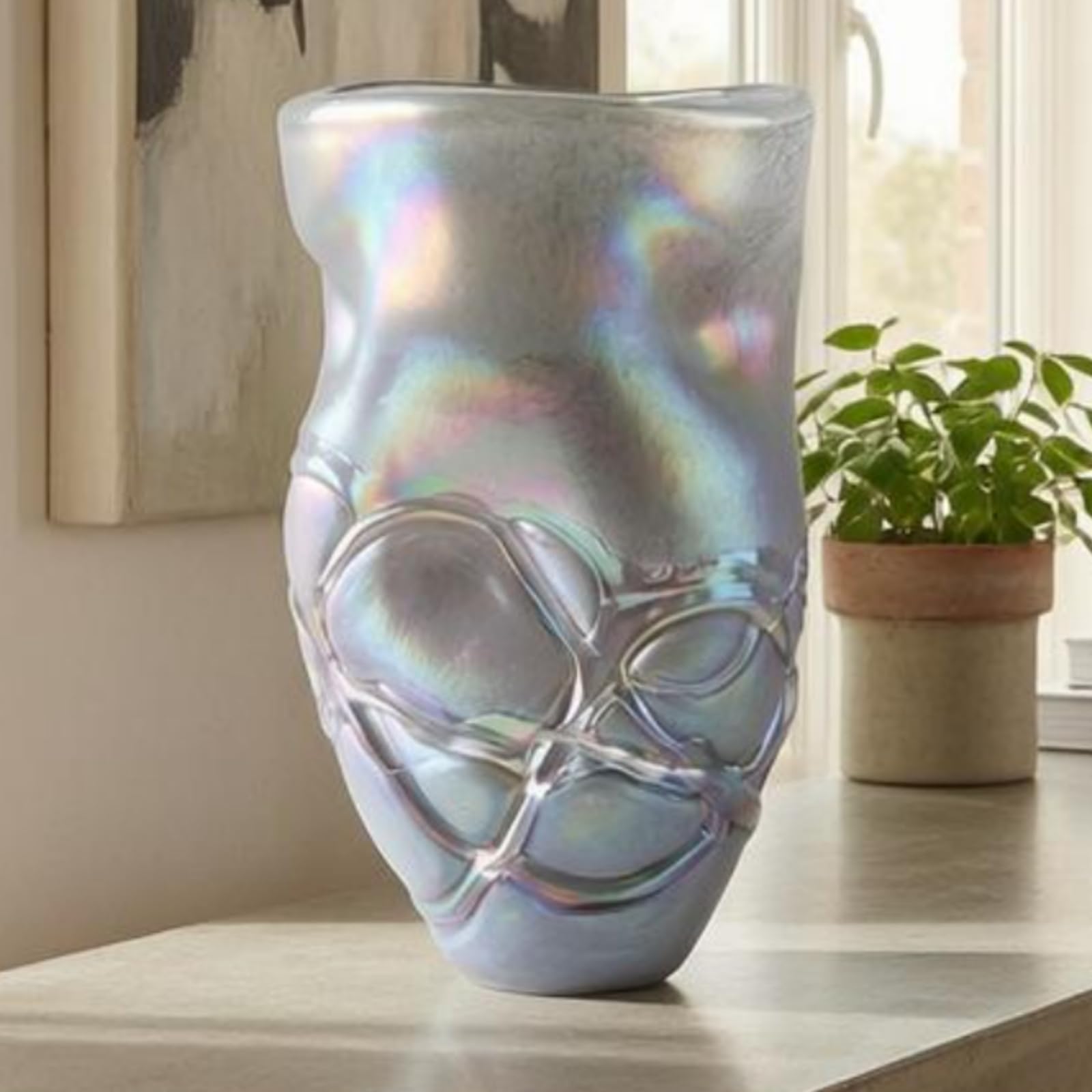 Jarrón Decorativo Jarrón Florero Vaso Centro de Mesa de Arte de Vidrio Soplado a Mano con Textura en Relieve y Brillo Que Aporta Profundidad Visual, Grande