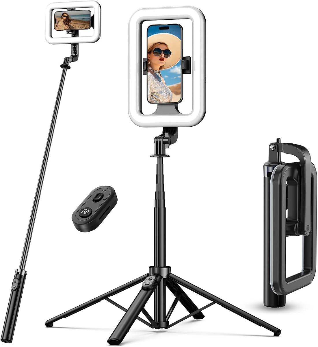 M MYBAT PRO Anillo de luz para selfies con trípode de 72" - Palo para selfies extensible con luz para teléfono, transmisión en vivo, maquillaje, viajes, juegos, video, incluye soporte para teléfono y alimentación por USB-C