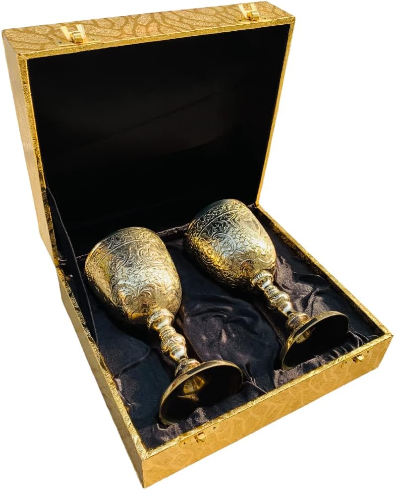 Pack of 2 Personalization Engraving Goblet Brass Engraved Design Wine Cup Vintage With Box Brass King's Royal Chalice Embossed Cup