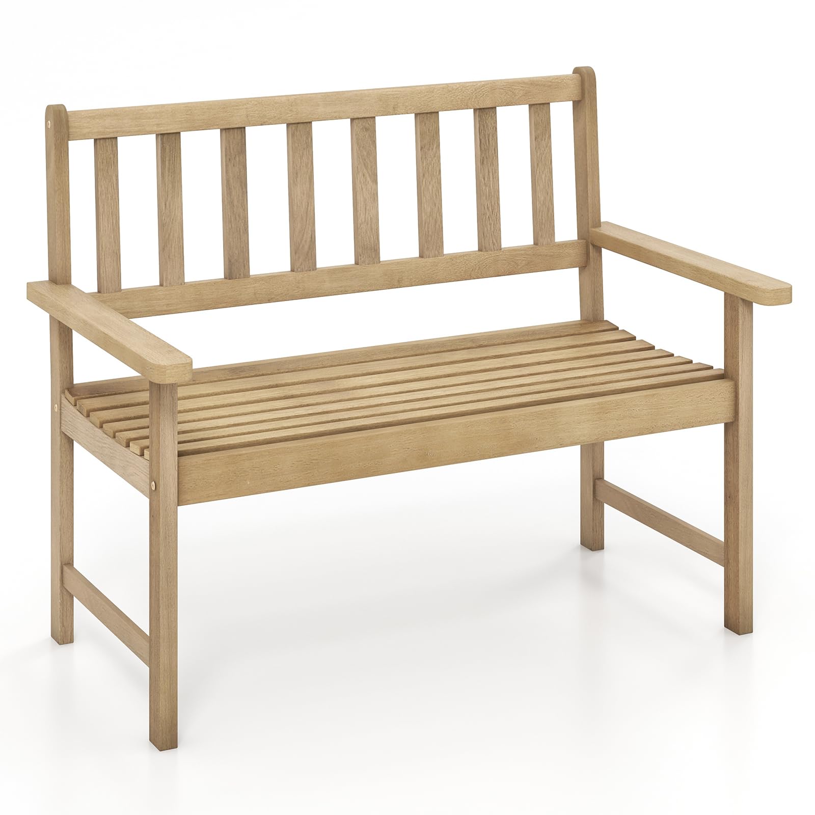 Tangkula Outdoor Teak Wood Garden Bench, 2-Person Patio Bench with Backrest and Armrests, Patio Garden Bench with Slatted Seat for Porch, Lawn, Balcony and Backyard