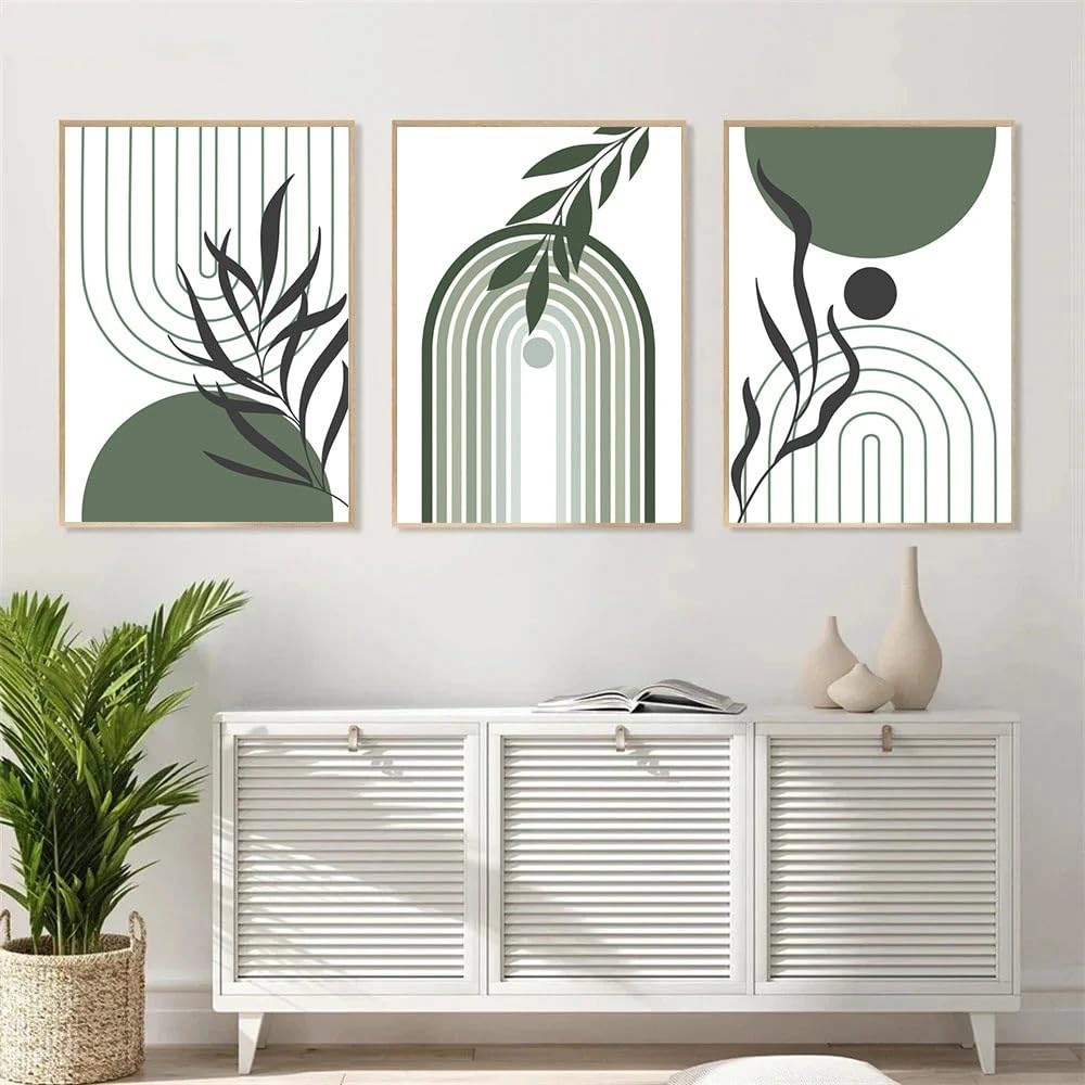 WUHBCZ Wall Posters-Green Geometric Abstract Rainbow Line Wall Art Canvas Painting Plant Leaves Print Pictures Boho Wall Poster Living Room Kitchen Office Decor-40 * 50cm/3PCS (No Frame)