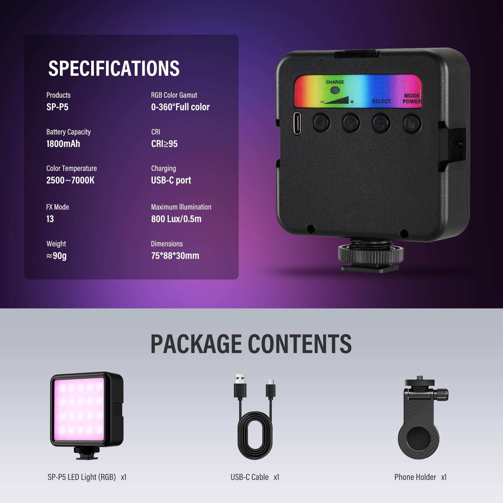 Soonpho P5 RGB Videolight Luce Tascabile per Fotocamera Luce portatile LED Light multicolore 250… — immagine 9 di 10