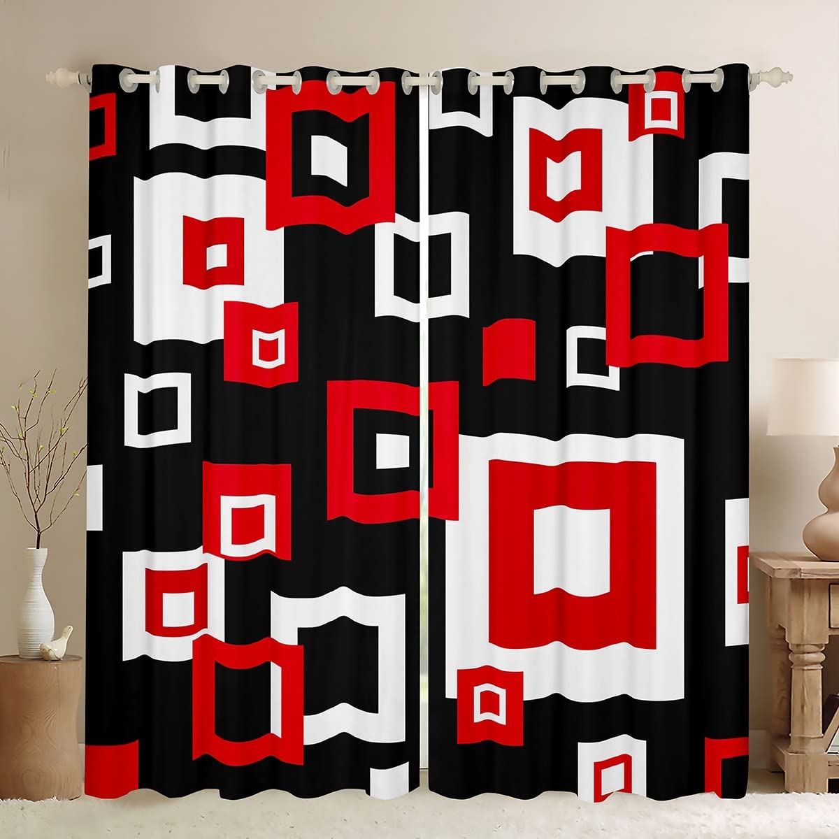 Amazon｜Feelyou 幾何学模様 レッド ホワイト ブラック カーテン
