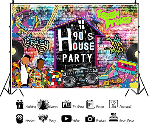 Aumeko 90's House Party Backdrop Hip Pop 90's Birthday Graffiti Wall Retro Radio Roller Skates Background Fresh Prince 90s Theme Photo Backdrop 90s Party Decorations