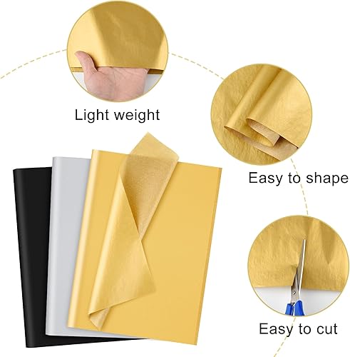 Miniatura 4 de NEBURORA 60 hojas de papel de seda metálico negro dorado plateado a granel para bolsas de regalo, papel de arte para bricolaje, graduación,