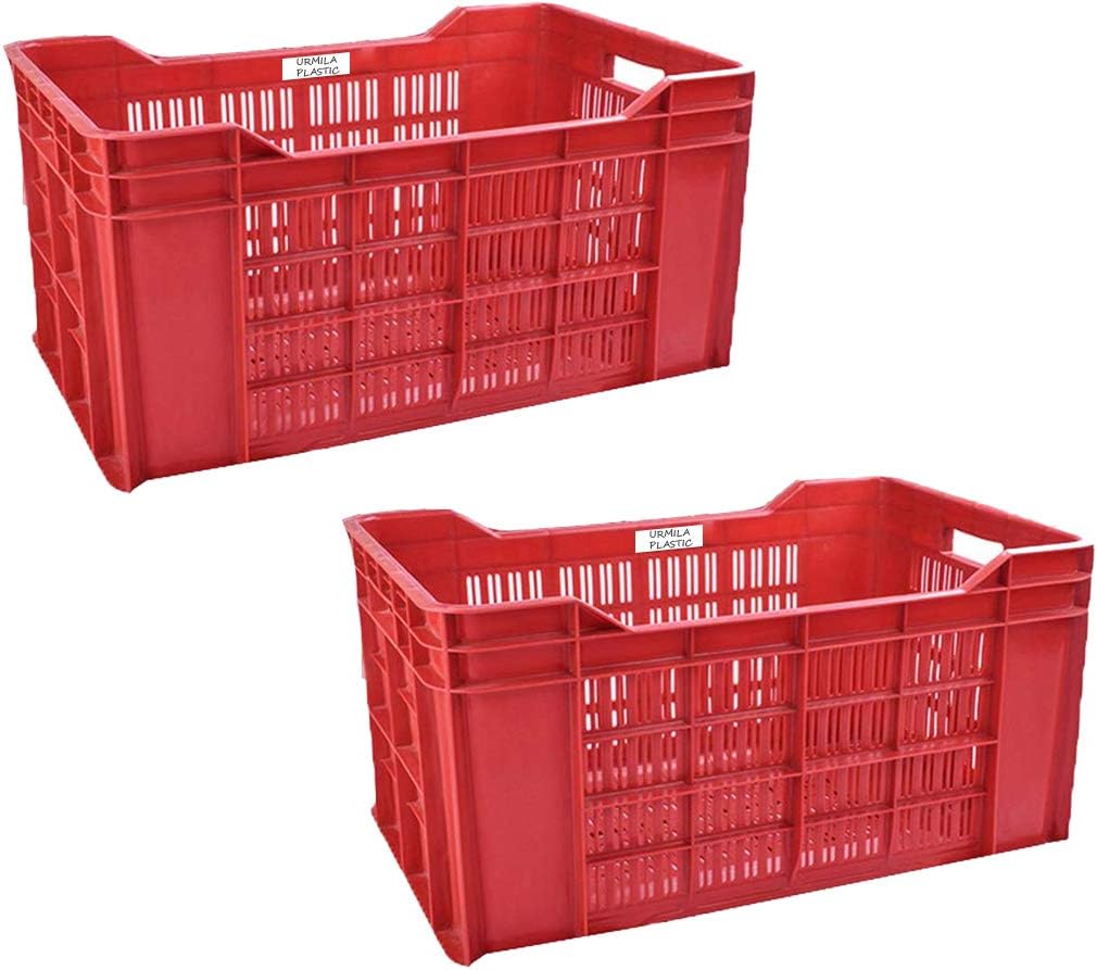 Heavy Duty Plastic Multipurpose Rectangular Crates Storage & Organizer (54x36x29cm, Red) -Set of 2