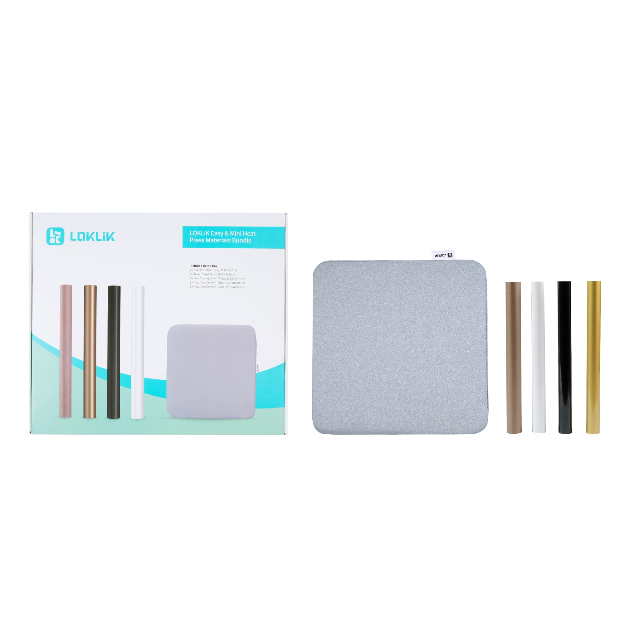 LOKLiK Kit de Démarrage pour Mini & Easy Heat Press – Vinyles Thermocollants Blanc, Noir, Doré, Feuille Teflon, Tapis de Pressage – Compatible Cricut & Silhouette