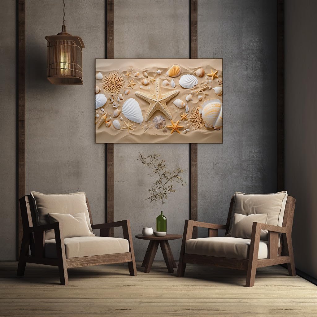 Canvas for Living room. Shells and Starfish Scatter Serenity on Sandy Shores, 27 x 18 inch Canvas Wall Art - Great White Shark - Nature Home Decor