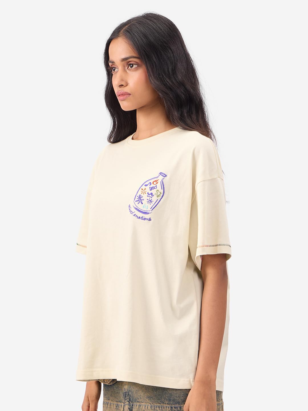 The Souled Store Camiseta oficial Inside Out: Mixed Emotions para mujer y niña, manga corta, cuello redondo, blanco off-blanco, gráfico, estampado, algodón, camiseta de gran tamaño