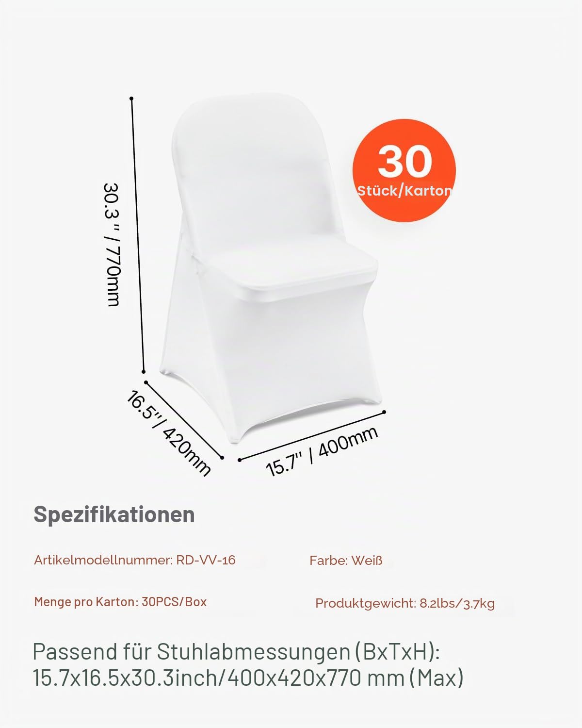 VEVOR 30 STK. Stuhlhussen Weiß, Universell Stuhlbezüge, Stuhlhussen Elastisch, Elastan Stuhl Abdeckung Max. 406 x 508 x 762 mm für Hochzeiten, Feiern, Partys, Hotels, Stuhlschutz Stuhlüberzug Spandex