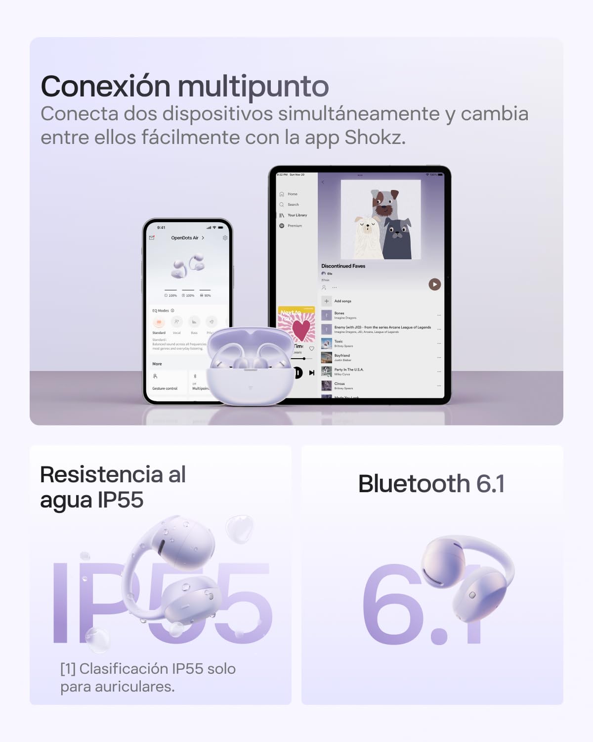 SHOKZ Auriculares Open-Ear Clip-on OpenDots Air, Ligero de 6,3 g, Morado | con Graves Profundos | 36 h de batería | Bluetooth 6.1 | reducción de Ruido con IA | Resistencia al Agua IP55 | Ajuste Seguro