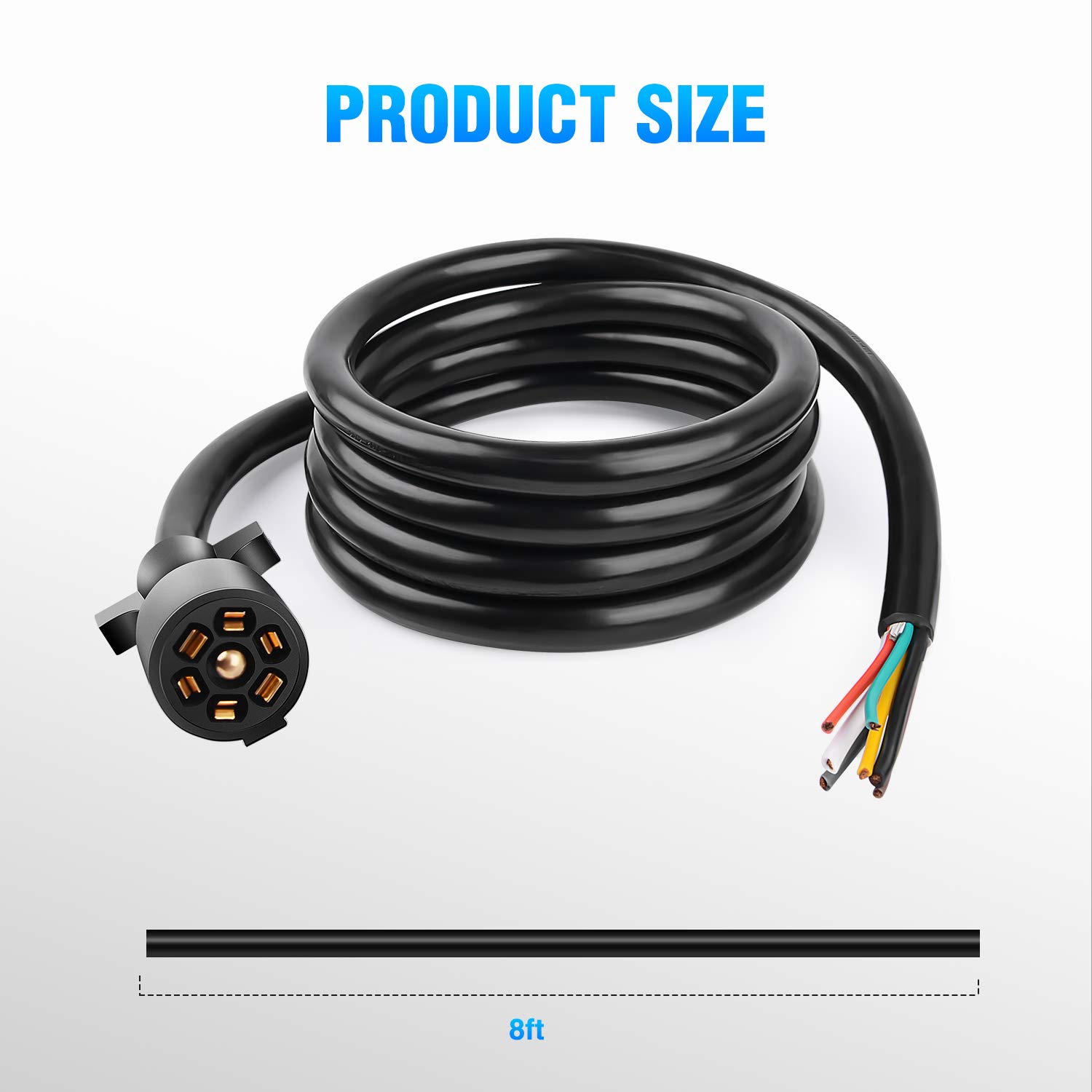 Nilight 50049R 7Way 8 Feet Heavy Duty 7 Way Plug Inline Trailer Cord for Truck Camper Blade Molded RV Cable Wire Weatherproof & Corrosion Resistant-8FT,2 Years Warranty