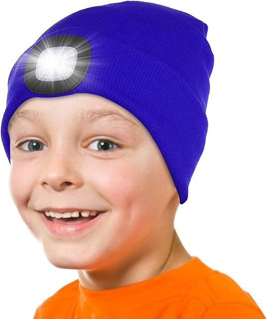 Attikee LED Lighted Beanie Cap for Kids, Rechargeable 4 LED Headlamp Hat, Knitted Winter Hat with Torch for Cycling Running Camping Night Walking, Christmas Novelty Gifts for Boys Girls Kids Children